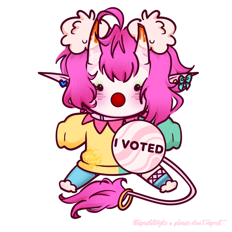 A pink clown chibi with a gigantic 'I voted' button pinned to her chest.
