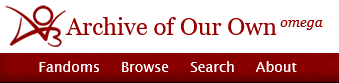 A screenshot of AO3's name with the word 'omega' written behind it, where it usually says 'beta'.